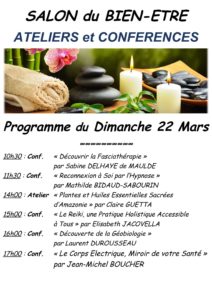 programme du dimanche 22 mars du salon du Bien-être à Moret sur Loing