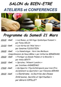 programme du samedi 21 mars du salon du Bien-être à Moret sur Loing