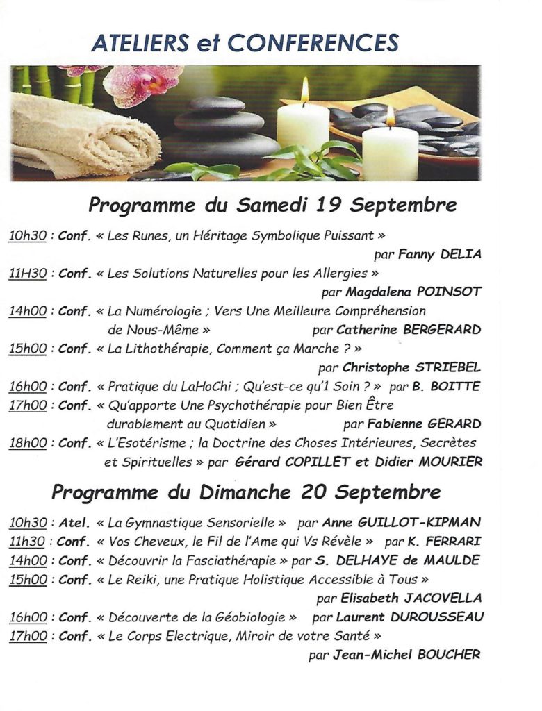 programme des conférences du salon du Bien-être de Moret sur Loing des 19 et 20 septembre 2020